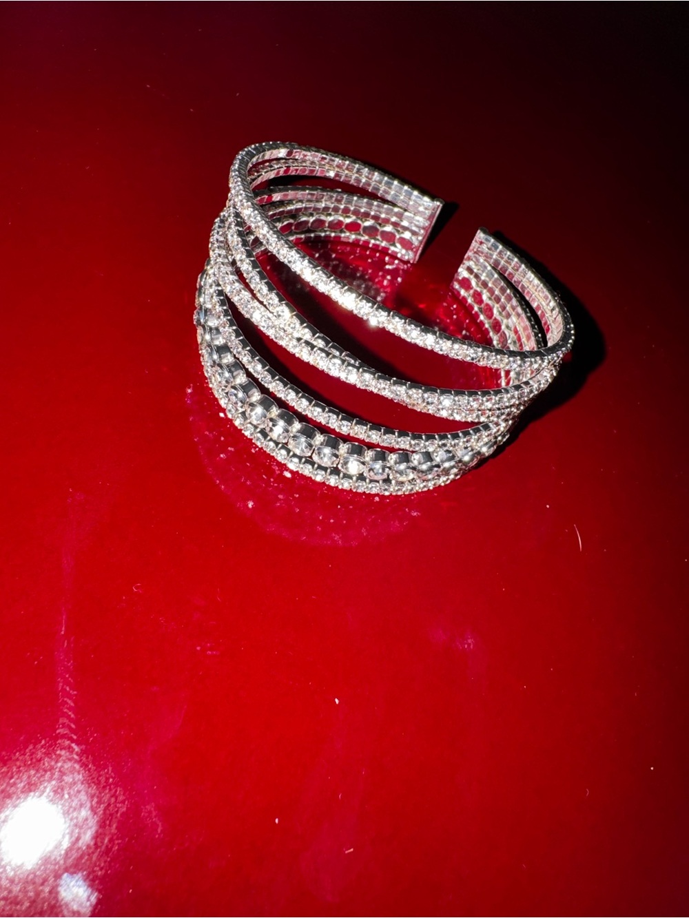 Elegant Silver Multi-Row Crystal Cuff Bracelet - Silver